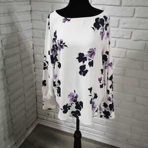 Ann Taylor Ladies Size Medium Off White with Flower Print Loose Fit Blouse